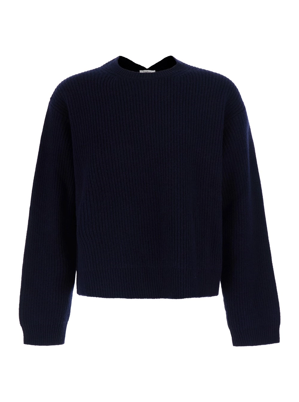 Saint Laurent Maglione con scollo rotondo e scollo a V sulla schiena in lana a coste blu uomo