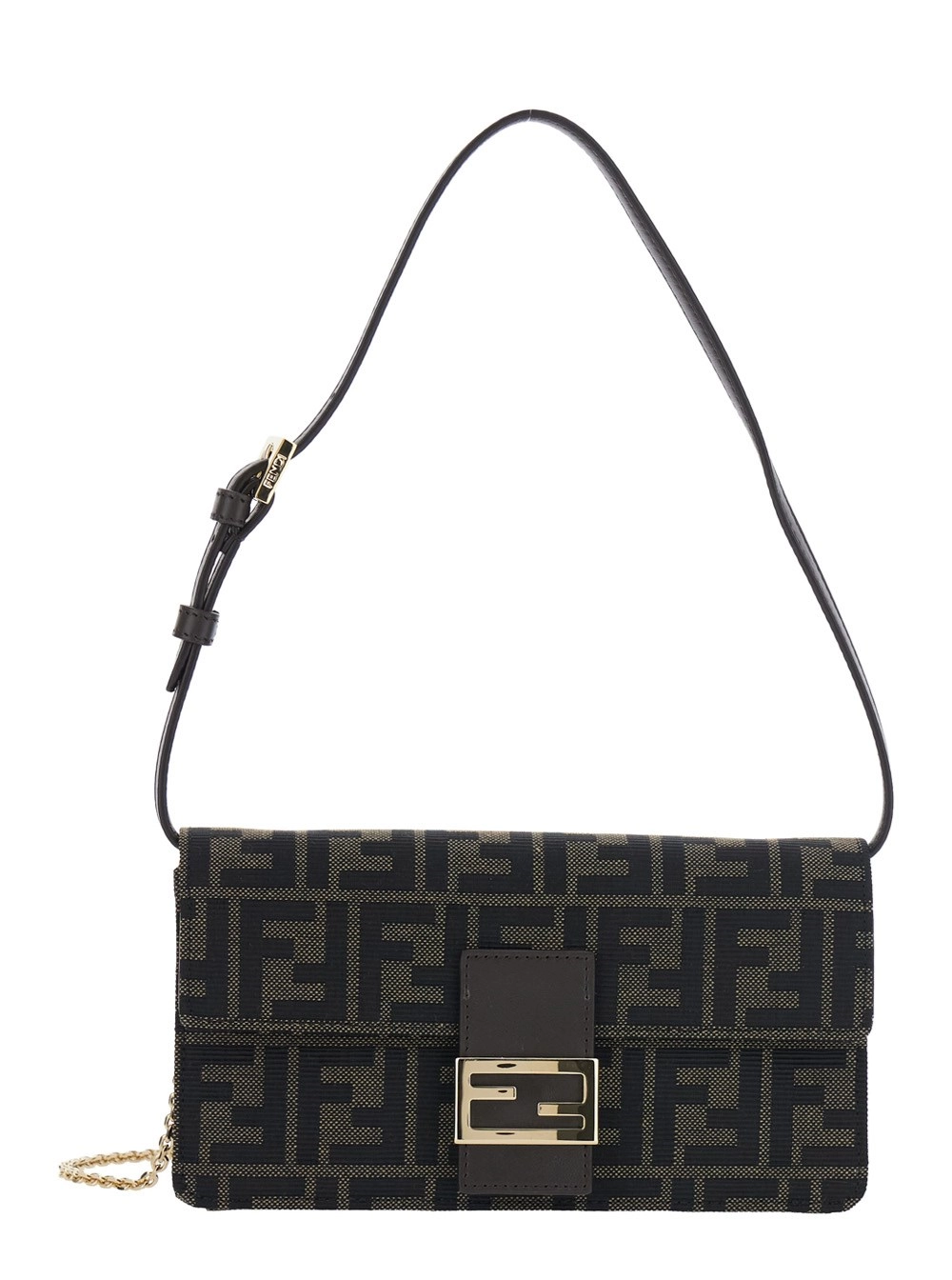 Fendi Borsa a tracolla con tracolla in pelle e tracolla a catena in tessuto FF marrone donna
