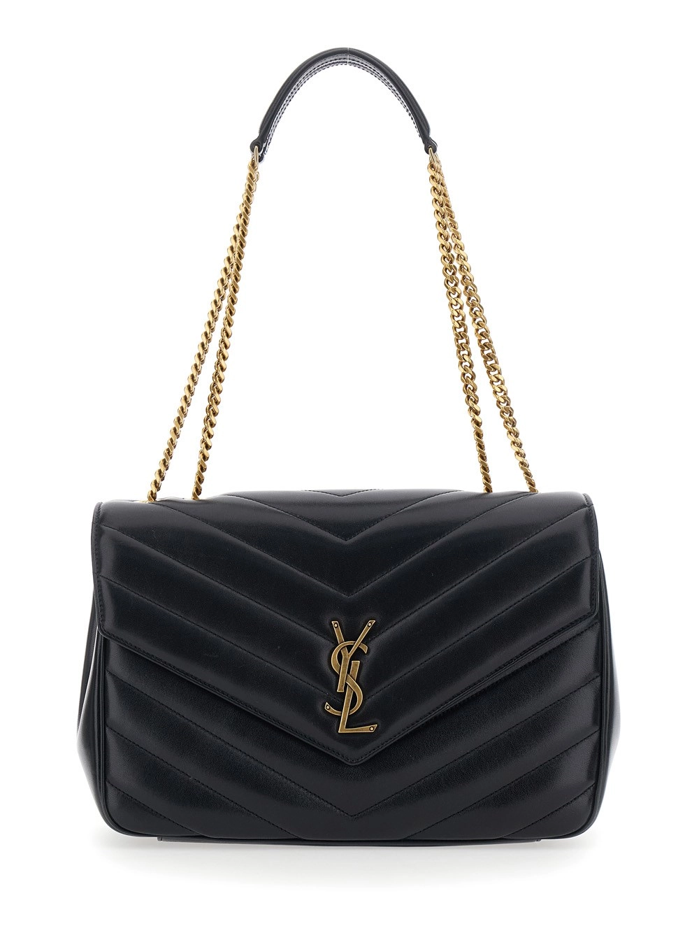 Saint Laurent Borsa a Tracolla 'Loulou' Grande con Tracolla a Catena Scorrevole e Placca Cassandre sul Fronte in Pelle Nera Donna