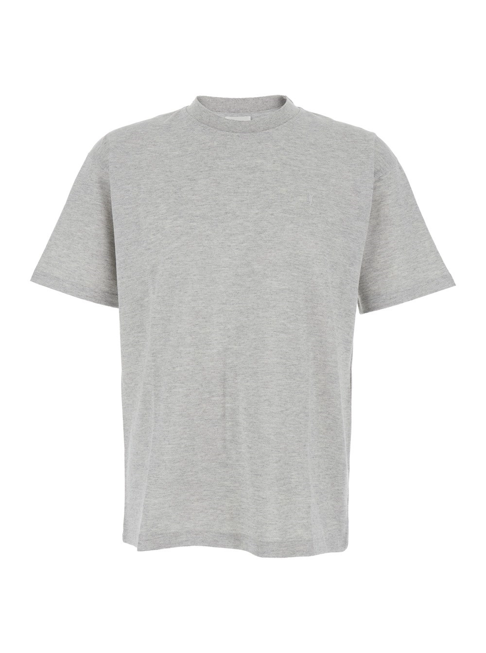 Saint Laurent T-Shirt Girocollo con Ricamo Cassandre in Cotone Grigia Uomo