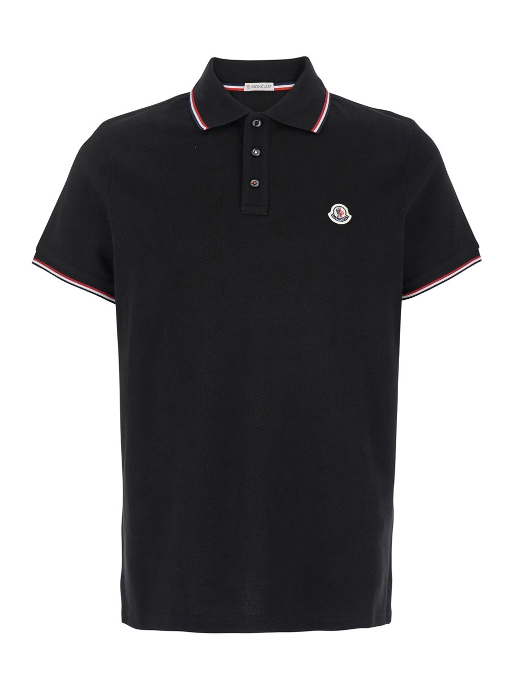 Moncler Polo Nera in Cotone Piquet con Patch Logo Uomo Moncler