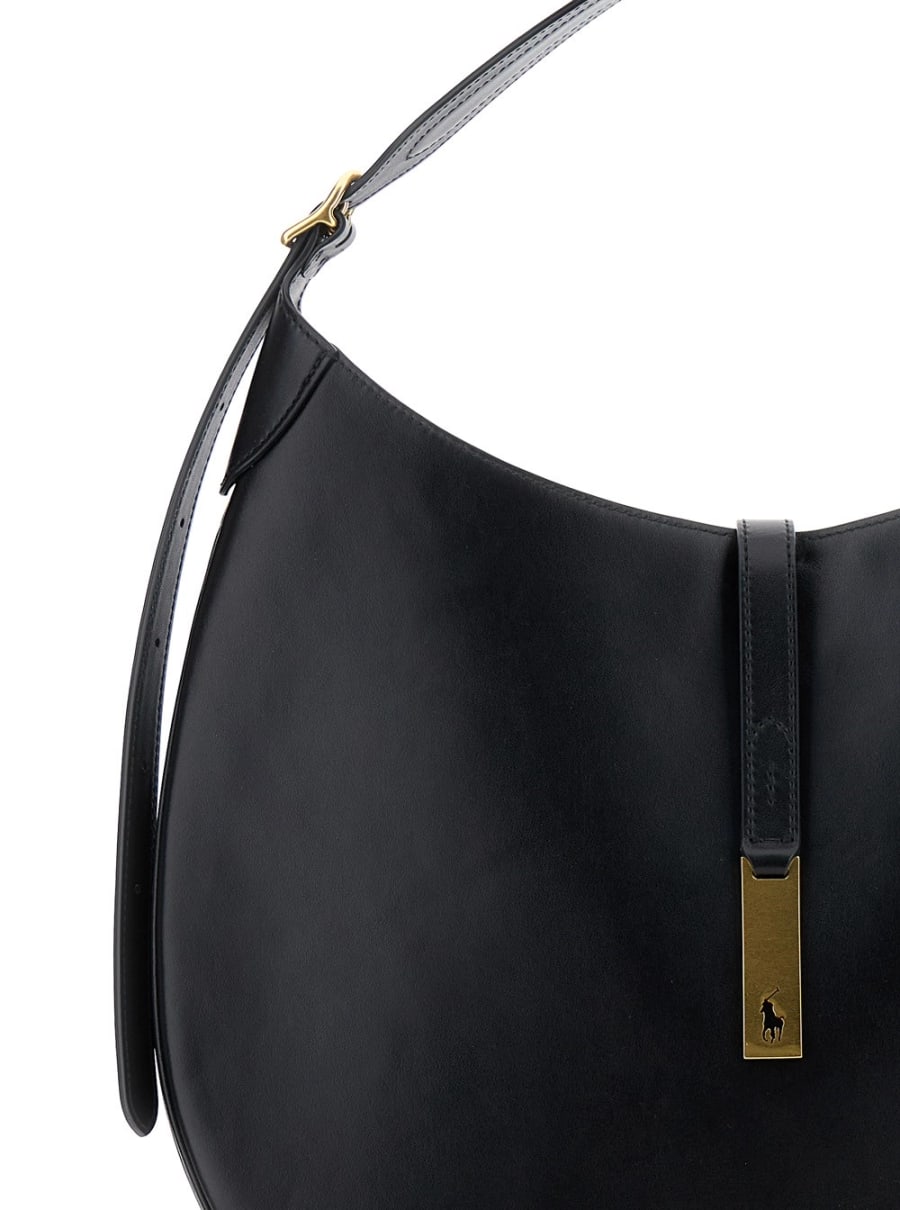 Polo Ralph Lauren Borsa a Spalla con Dettaglio Logo in Pelle Liscia Nera Donna, view 5