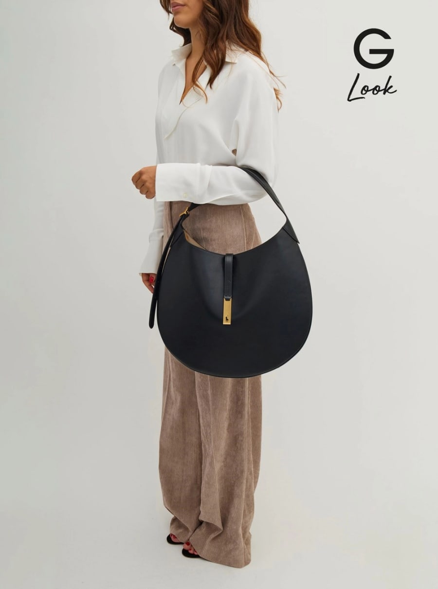 Polo Ralph Lauren Borsa a Spalla con Dettaglio Logo in Pelle Liscia Nera Donna, view 6