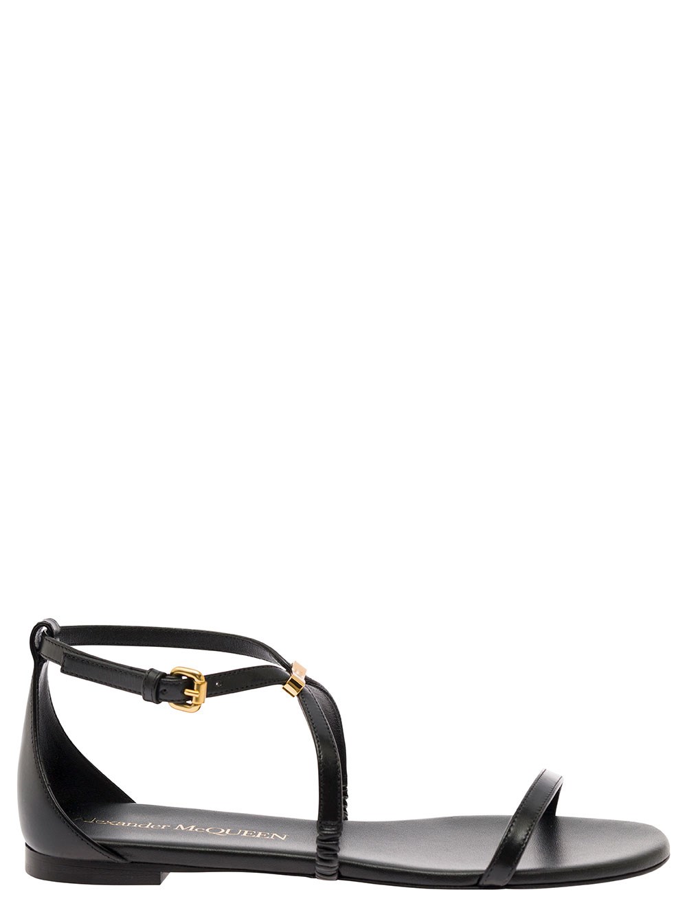 Alexander McQueen Sandalo Basso con Logo Inciso in Pelle Nera Donna
