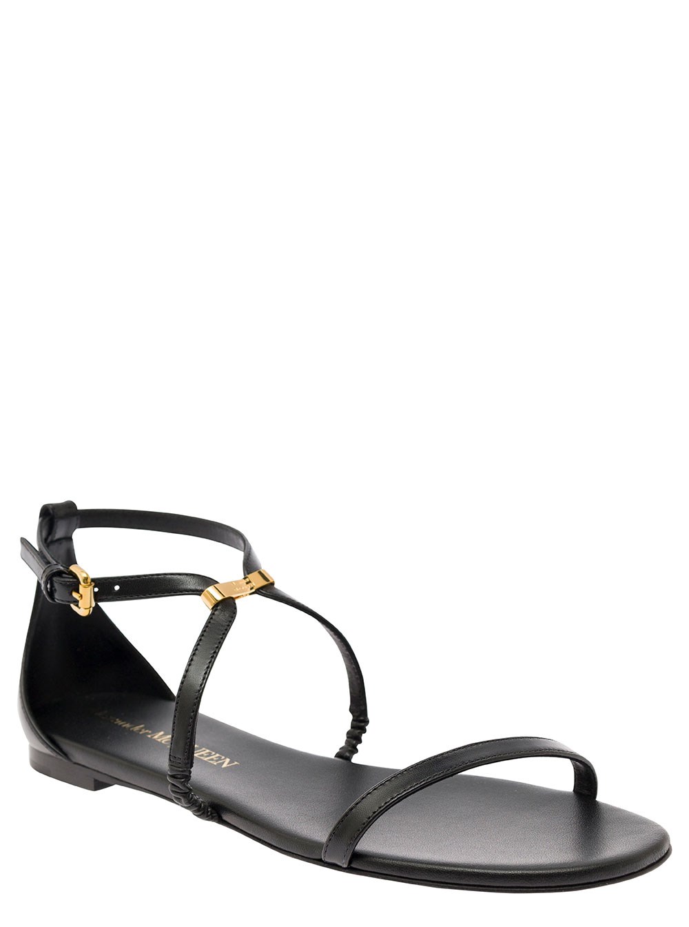 Alexander McQueen Sandalo Basso con Logo Inciso in Pelle Nera Donna, view 2
