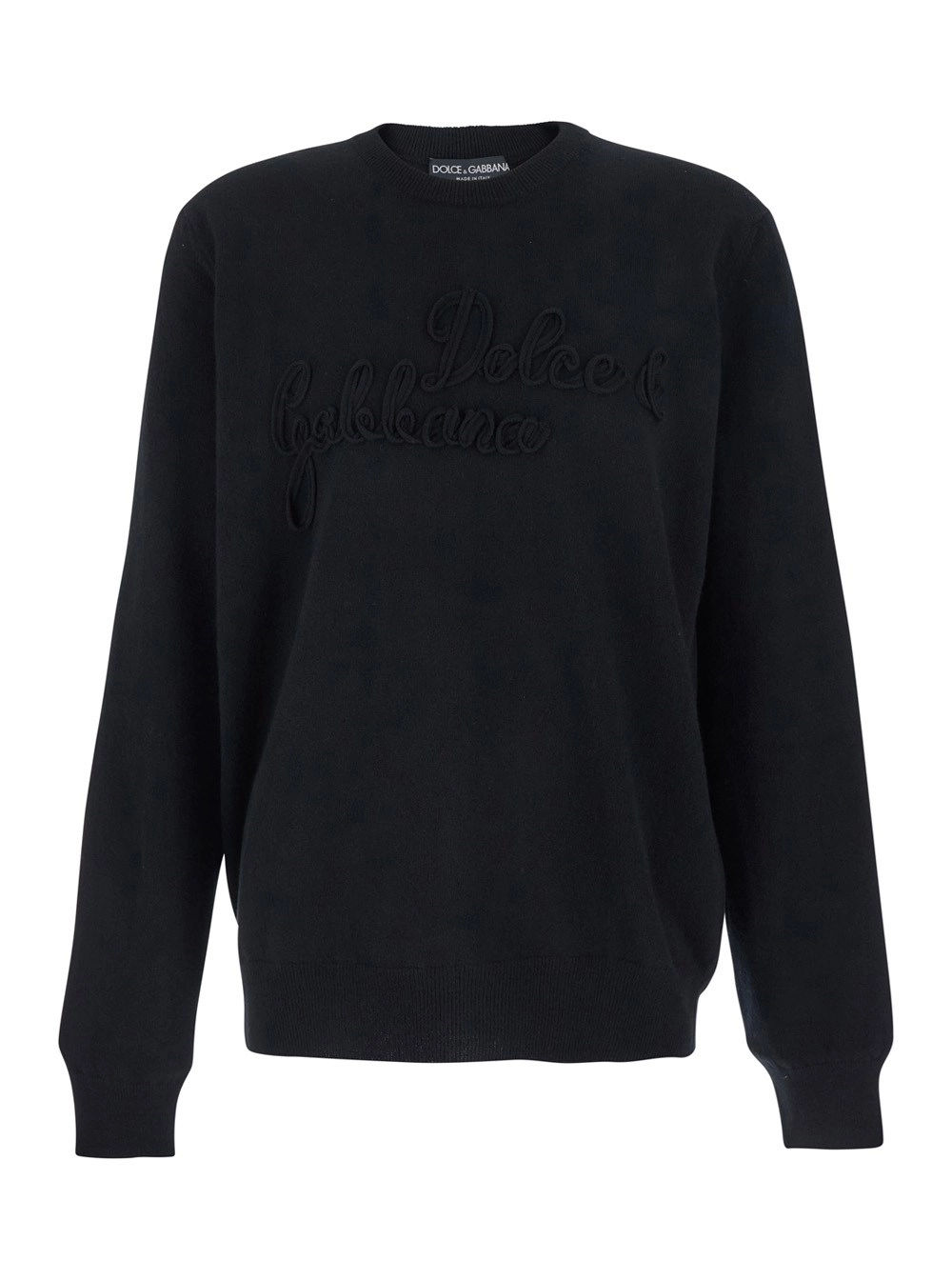 Dolce & Gabbana Maglione Girocollo con Logo Lettering sul Fronte in Lana Nero Uomo