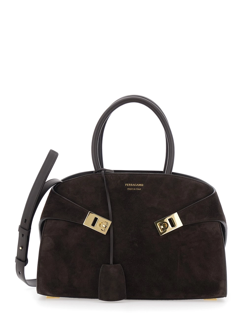 Ferragamo Borsa a Mano 'Hug Piccola' con Logo e Fibbie Gancini in Pelle Scamosciata Marrone Donna