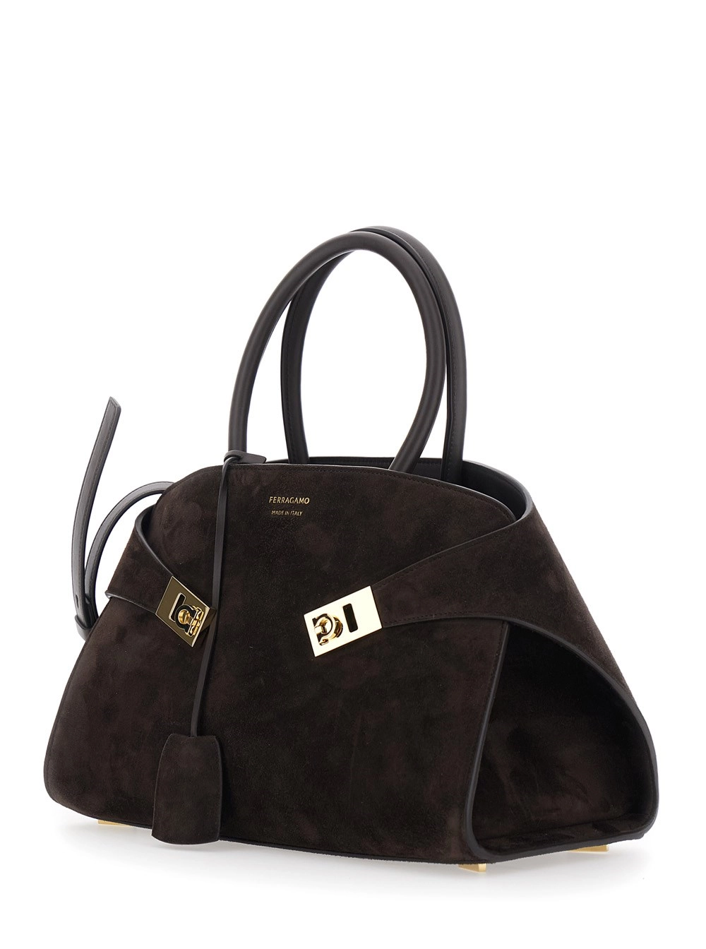 Ferragamo Borsa a Mano 'Hug Piccola' con Logo e Fibbie Gancini in Pelle Scamosciata Marrone Donna, view 2