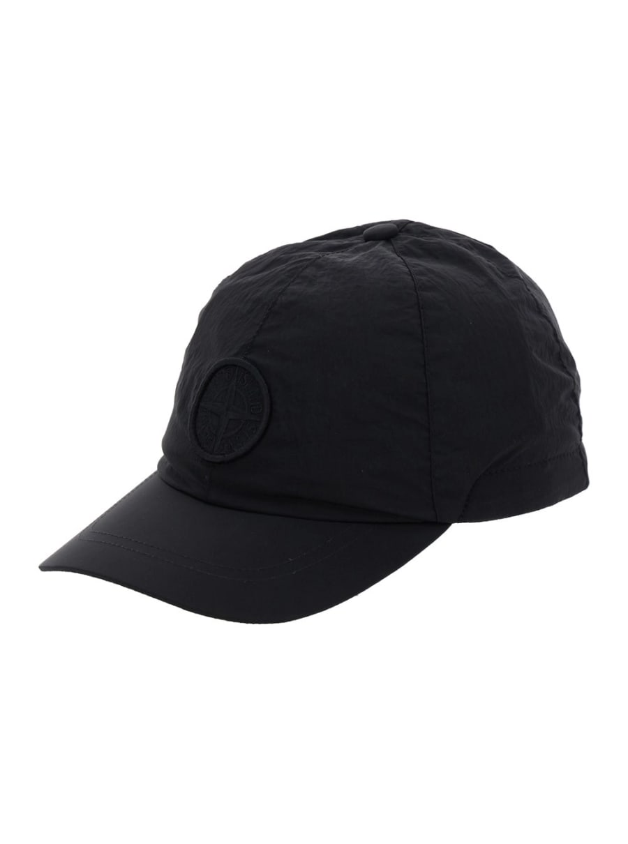 Stone island kids Cappello da Baseball con Patch Logo Tono su Tono in Nylon Nero Bambino