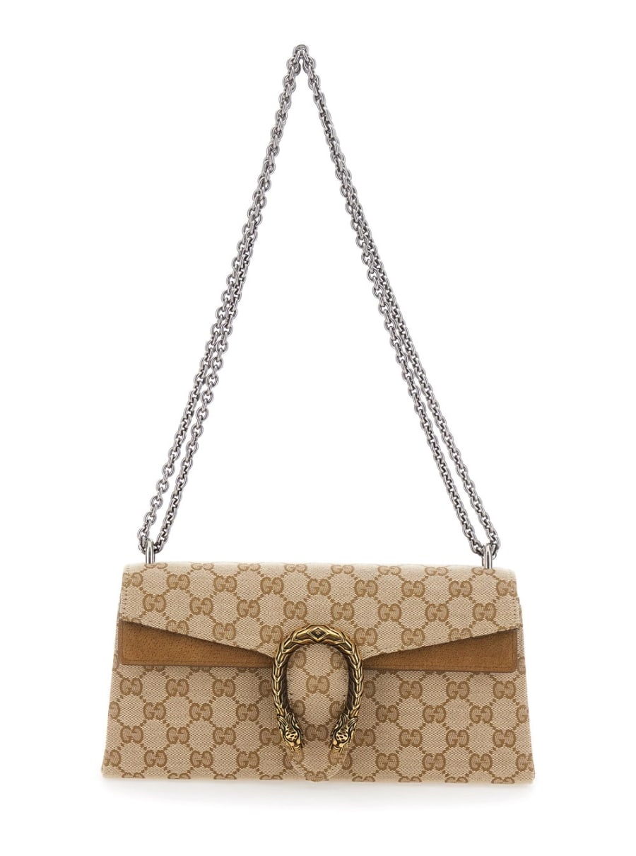 Gucci Borsa a spalla 'Dionysius' con placca metallica sul fronte e motivo GG in tessuto beige donna