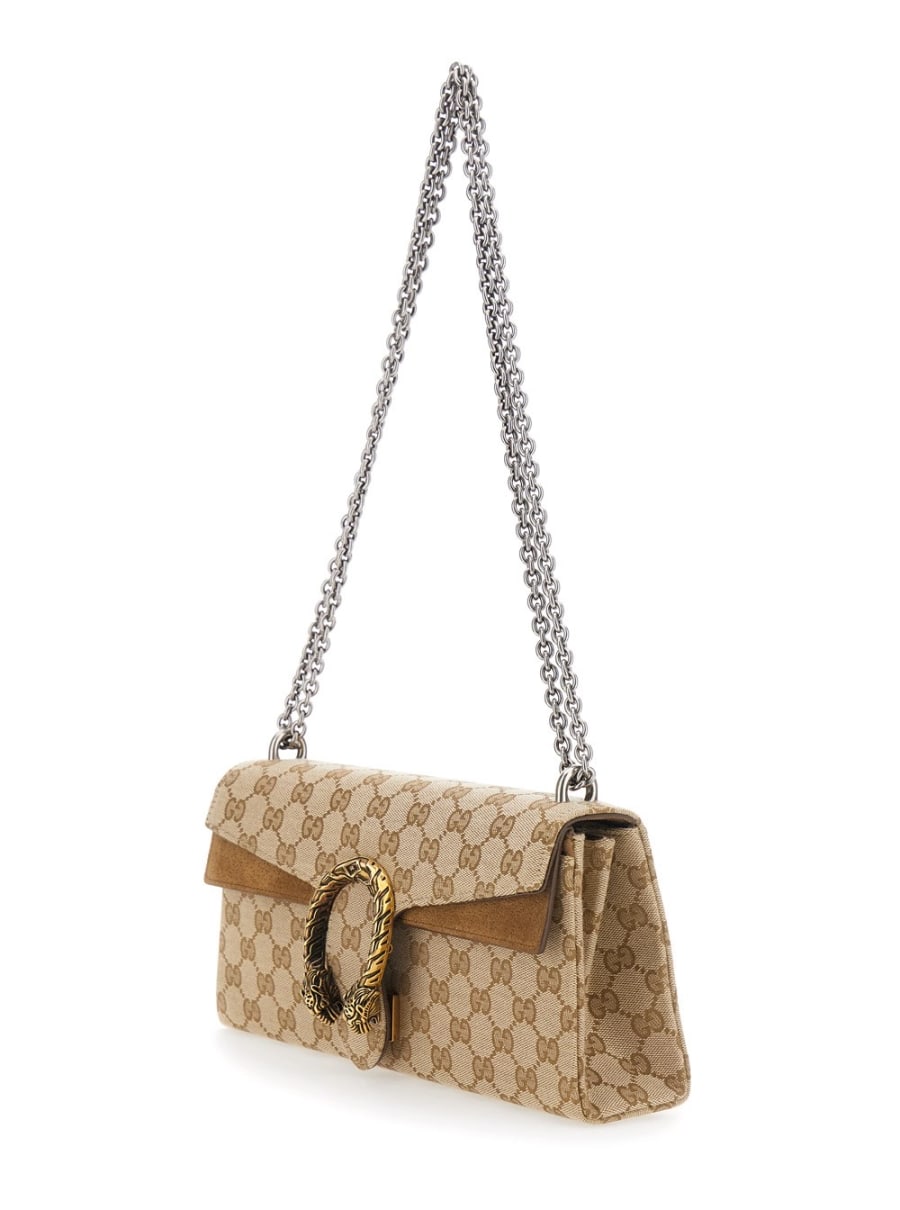 Gucci Borsa a spalla 'Dionysius' con placca metallica sul fronte e motivo GG in tessuto beige donna, view 2