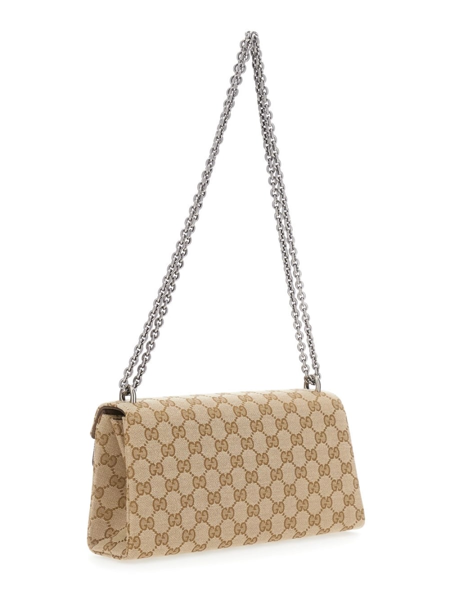 Gucci Borsa a spalla 'Dionysius' con placca metallica sul fronte e motivo GG in tessuto beige donna, view 3