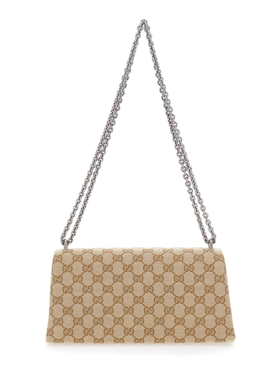 Gucci Borsa a spalla 'Dionysius' con placca metallica sul fronte e motivo GG in tessuto beige donna, view 4