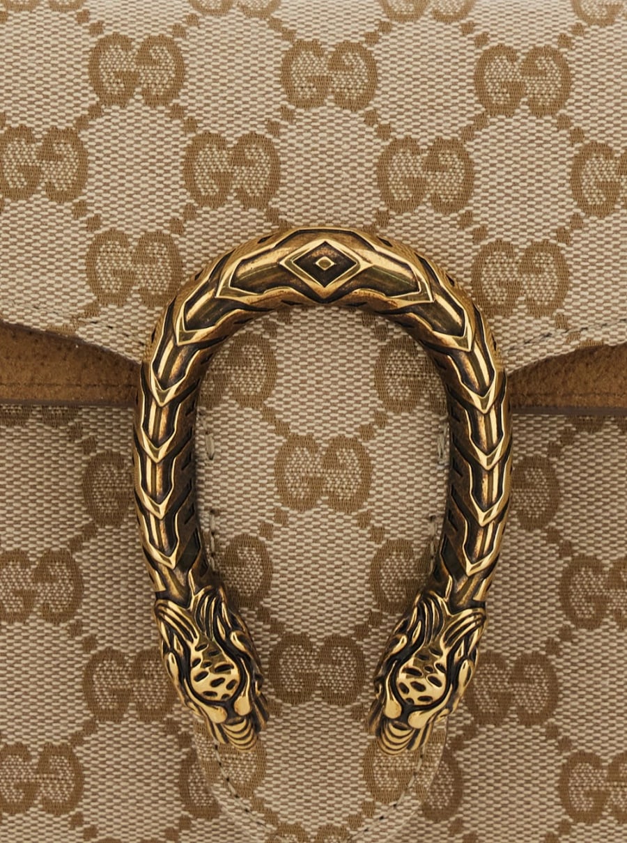 Gucci Borsa a spalla 'Dionysius' con placca metallica sul fronte e motivo GG in tessuto beige donna, view 5