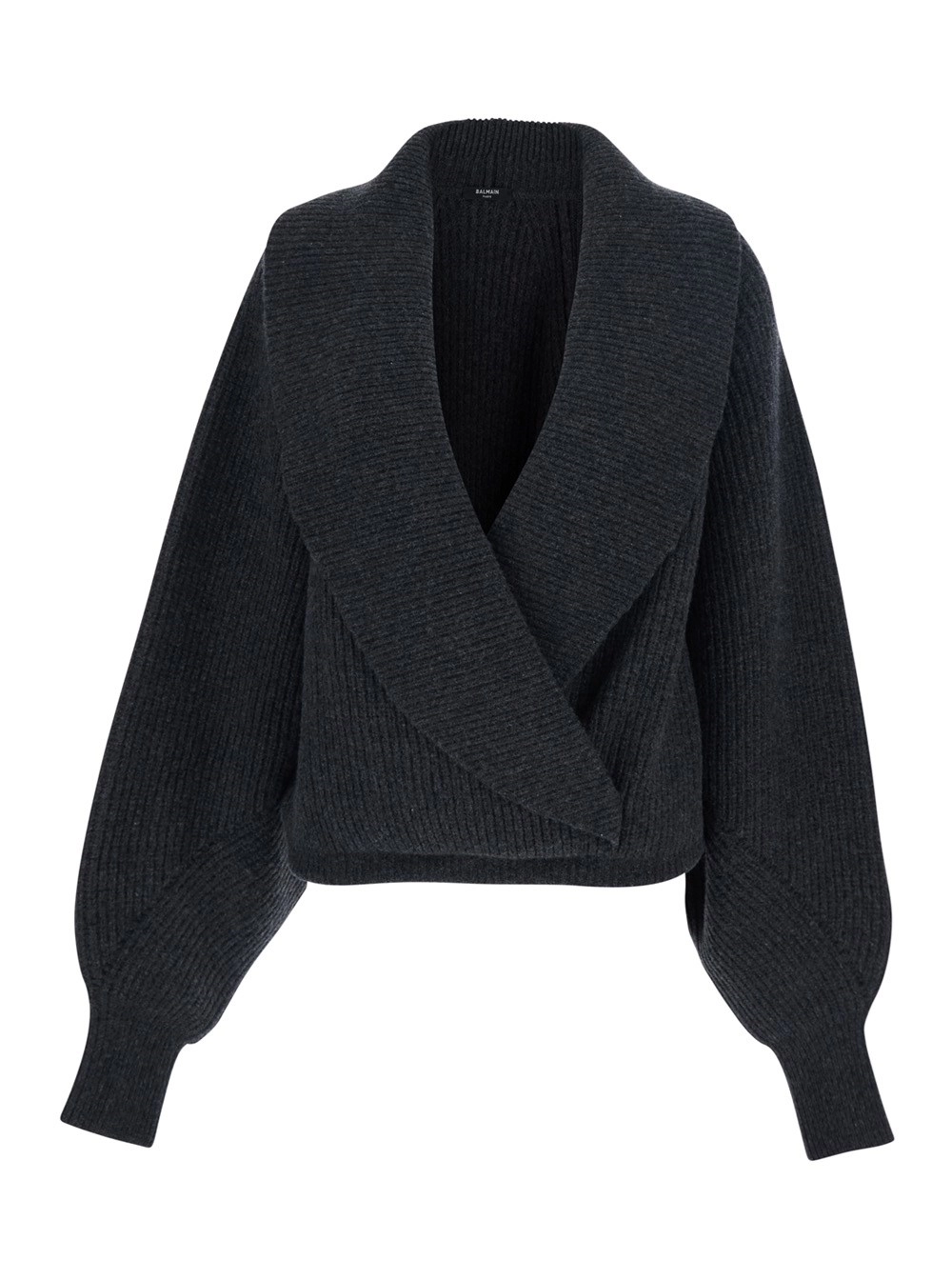 Balmain Maglione con Effetto a Portafoglio e Revers Larghi in Lana Grigio Donna