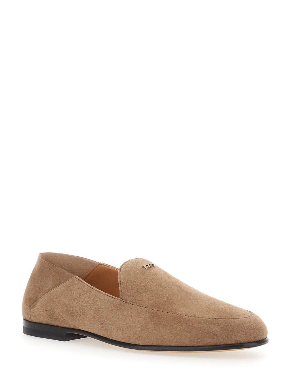 Tod's Mocassini con placca logo lettering sul fronte in pelle scamosciata beige donna, view 2