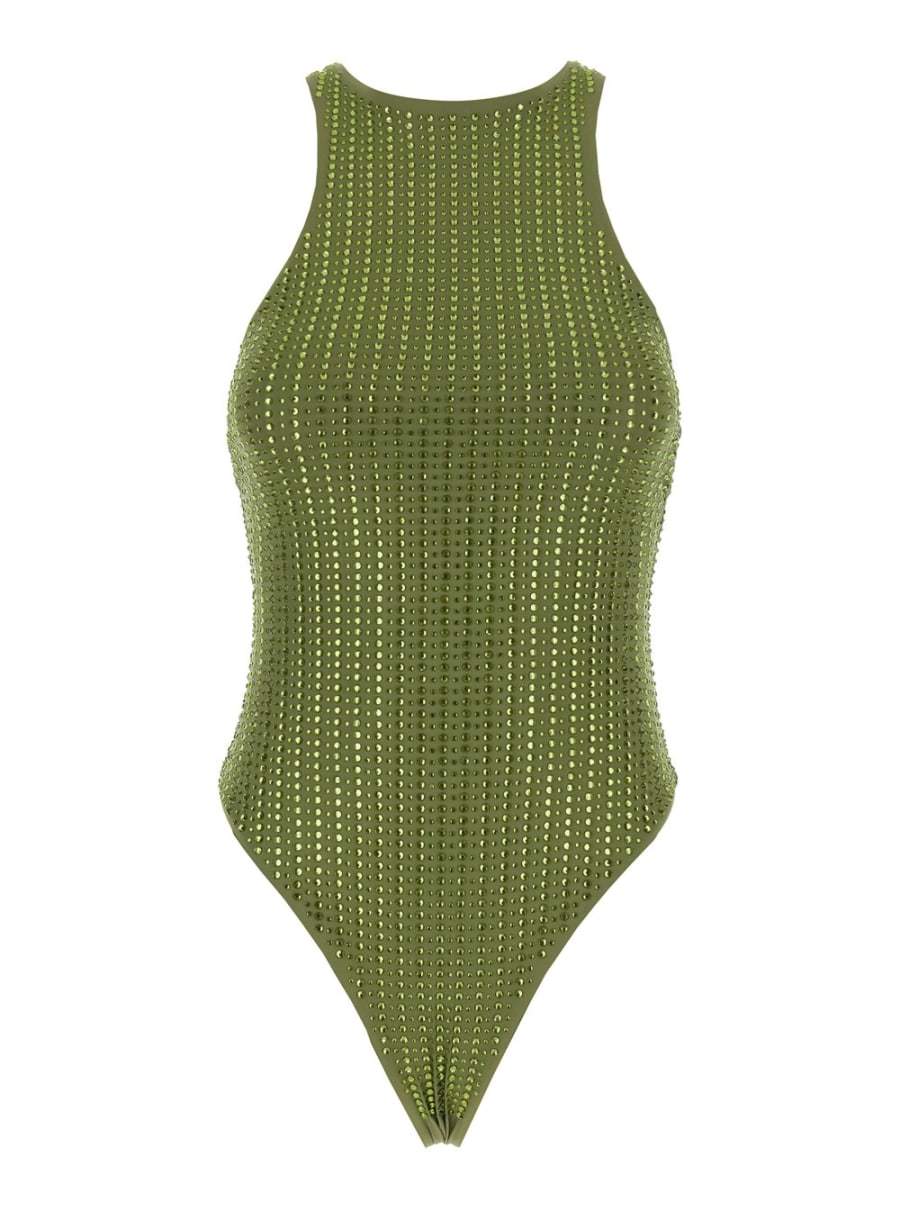 Venuja Costume Intero Sgambato con Scollo Vogatore e Decorazione a Righe con Paillettes in Tessuto Tecnico Stretch Verde Donna