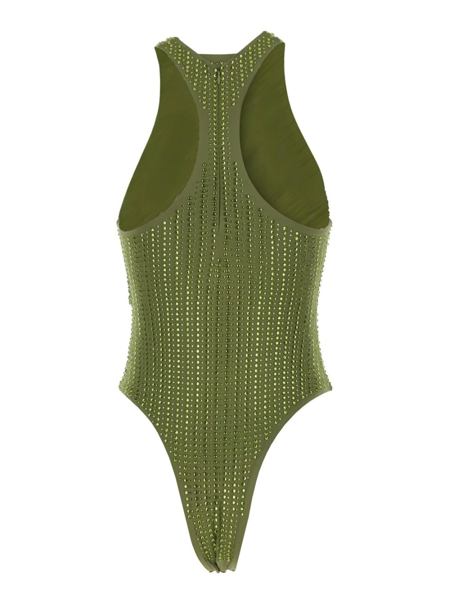 Venuja Costume Intero Sgambato con Scollo Vogatore e Decorazione a Righe con Paillettes in Tessuto Tecnico Stretch Verde Donna, view 2