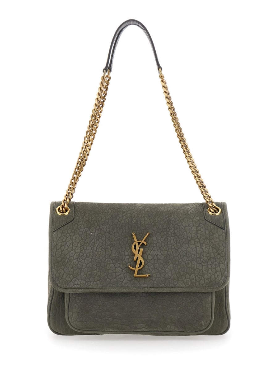 Saint Laurent Borsa a Spalla 'Niki' con Placca Cassandre sul Fronte e Due Manici con Catena in Pelle Grigia Donna