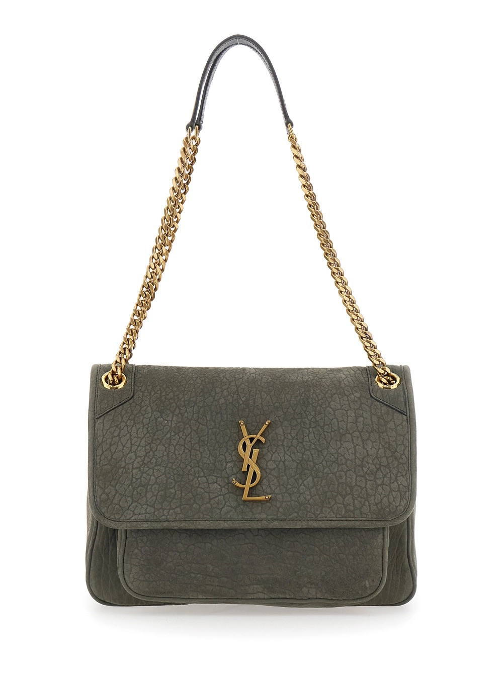 Saint Laurent Borsa a Spalla 'Niki' con Placca Cassandre sul Fronte e Due Manici con Catena in Pelle Grigia Donna