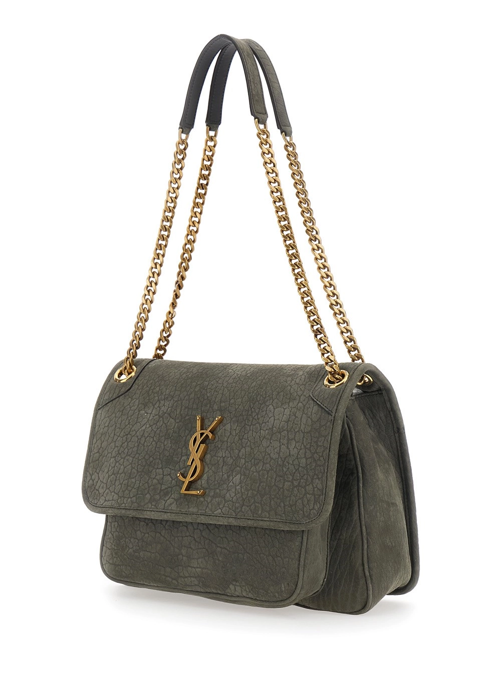 Saint Laurent Borsa a Spalla 'Niki' con Placca Cassandre sul Fronte e Due Manici con Catena in Pelle Grigia Donna, view 2