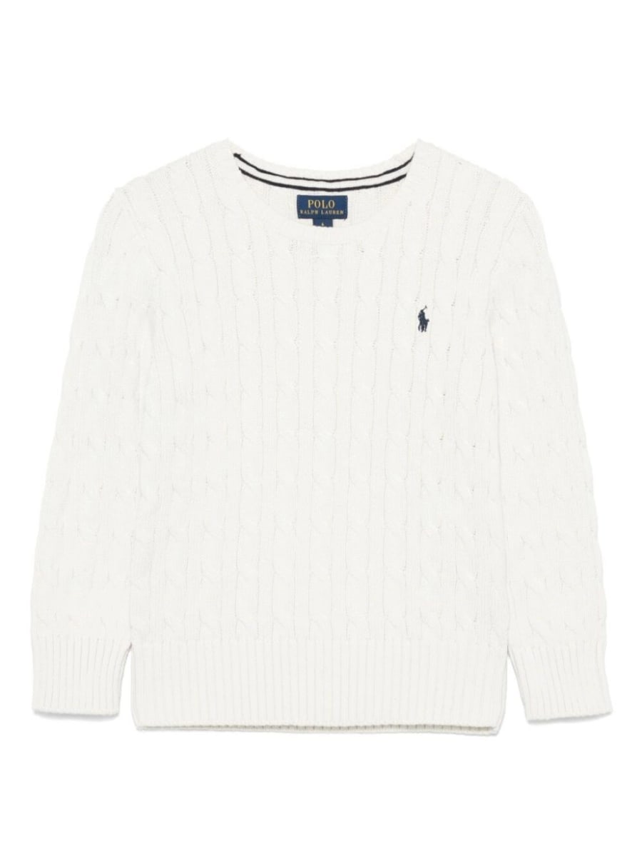 Polo ralph lauren kids Maglione a Trecce con Ricamo Cavallino in Cotone Bianco Bambino