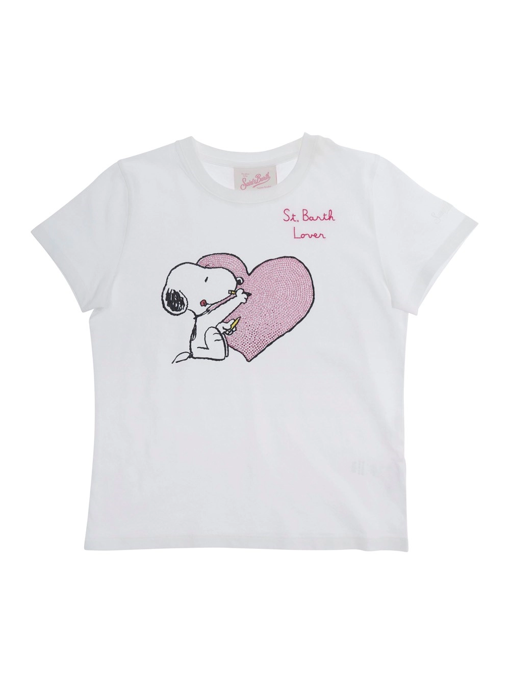 Mc2 saint barth kids T-shirt girocollo con motivo Snoopy sul fronte e decorazione con strass in cotone bianca bambina
