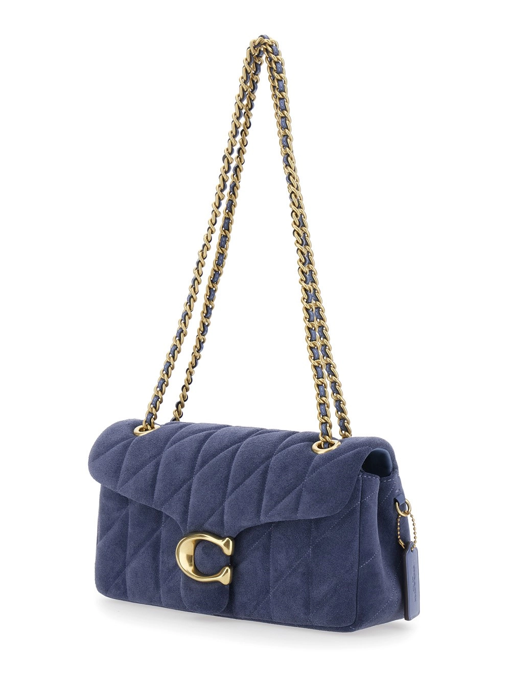 Coach Borsa a Tracolla con Manici a Catena e Placca Logo sul Fronte in Pelle Scamosciata Blu Donna, view 2