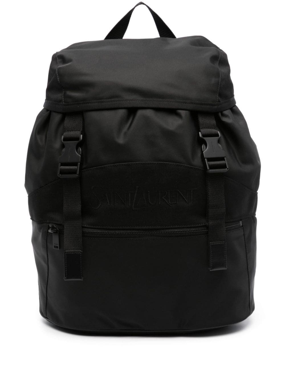 Saint Laurent Zaino con Logo Lettering Ricamato Tono su Tono in Nylon Riciclato Nero Uomo