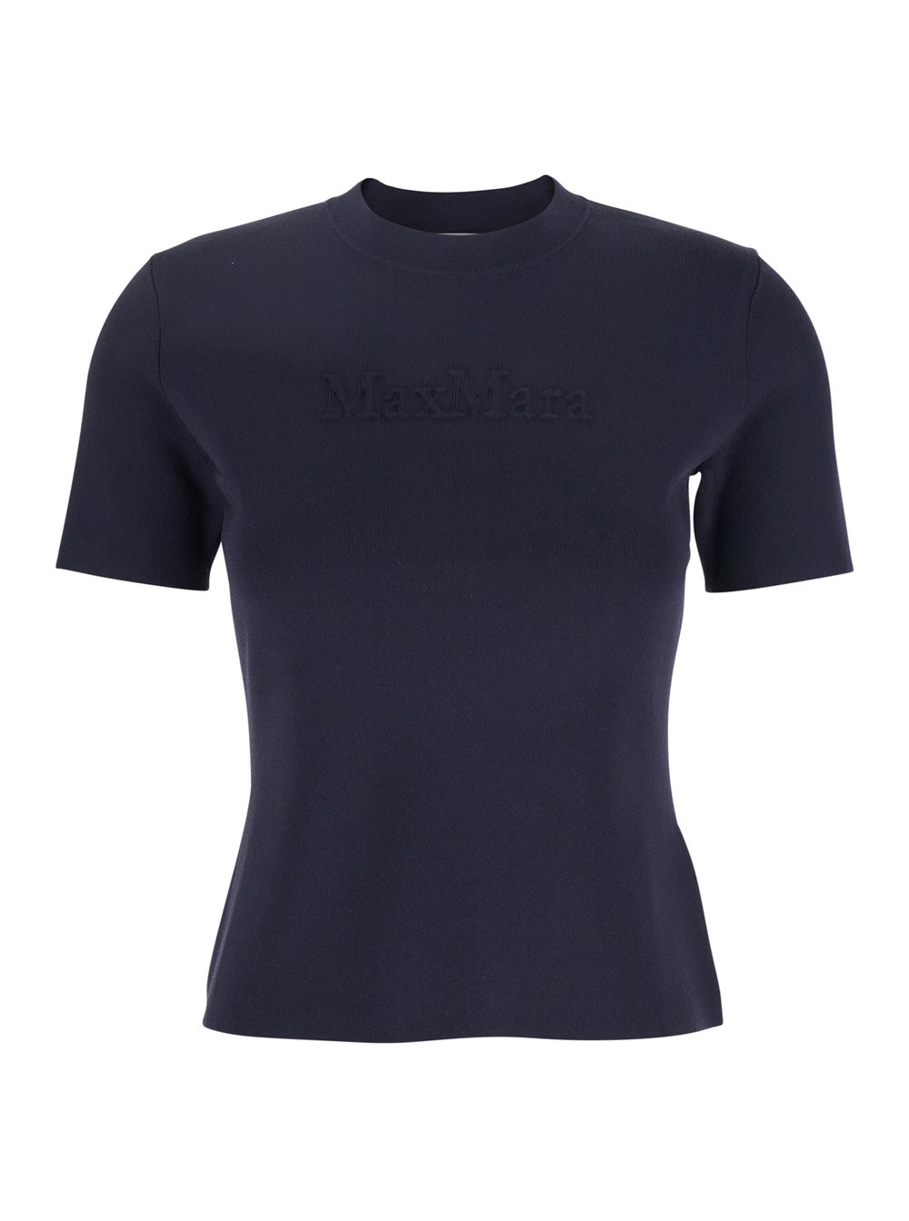Max Mara T-Shirt Girocollo con Logo Lettering Tono su Tono sul Fronte in Misto Viscosa Blu Donna