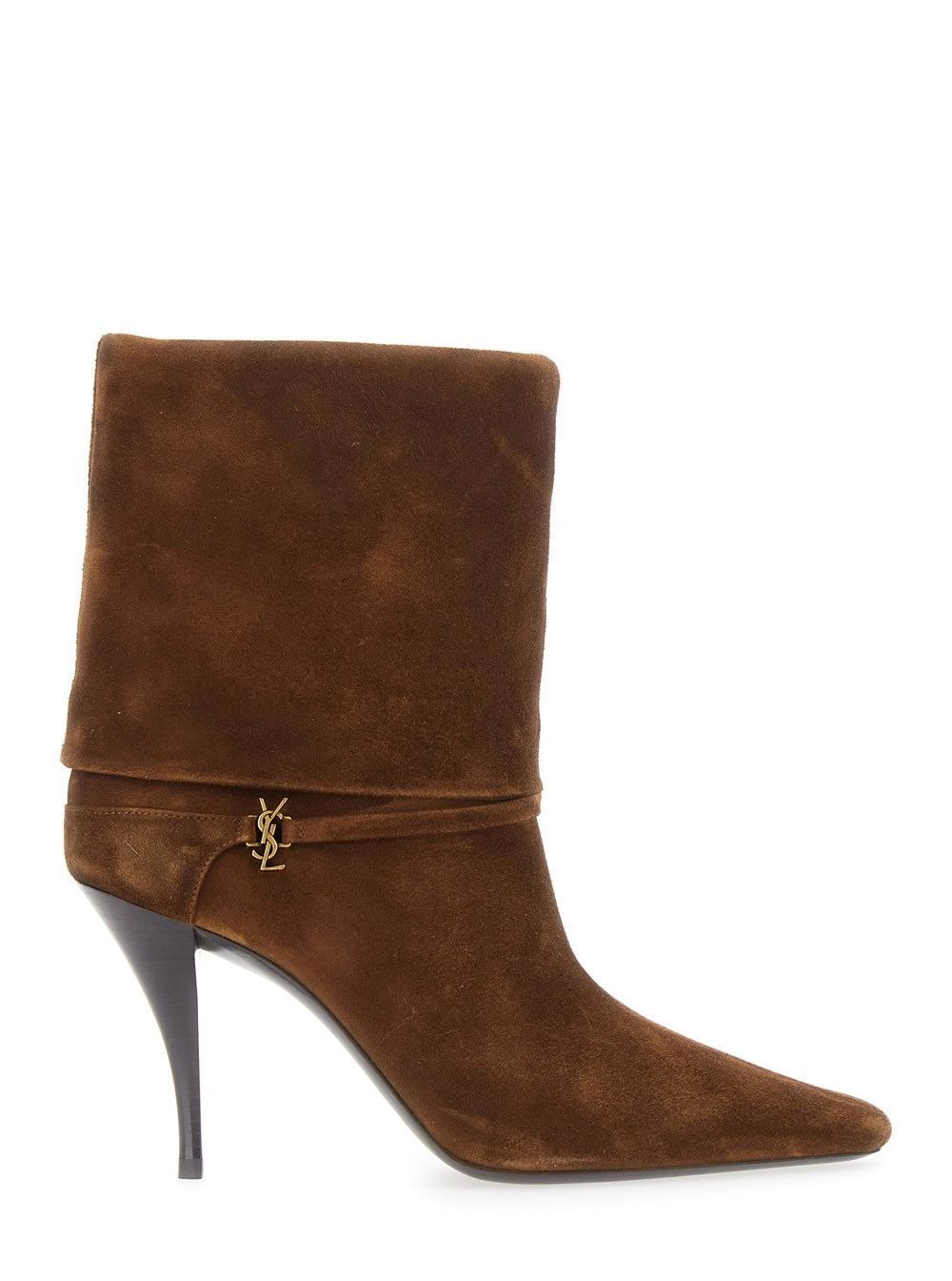 Saint Laurent Stivaletti 'Niki' con Cinturino alla Caviglia e Charm Cassandre in Pelle Scamosciata Marroni Donna