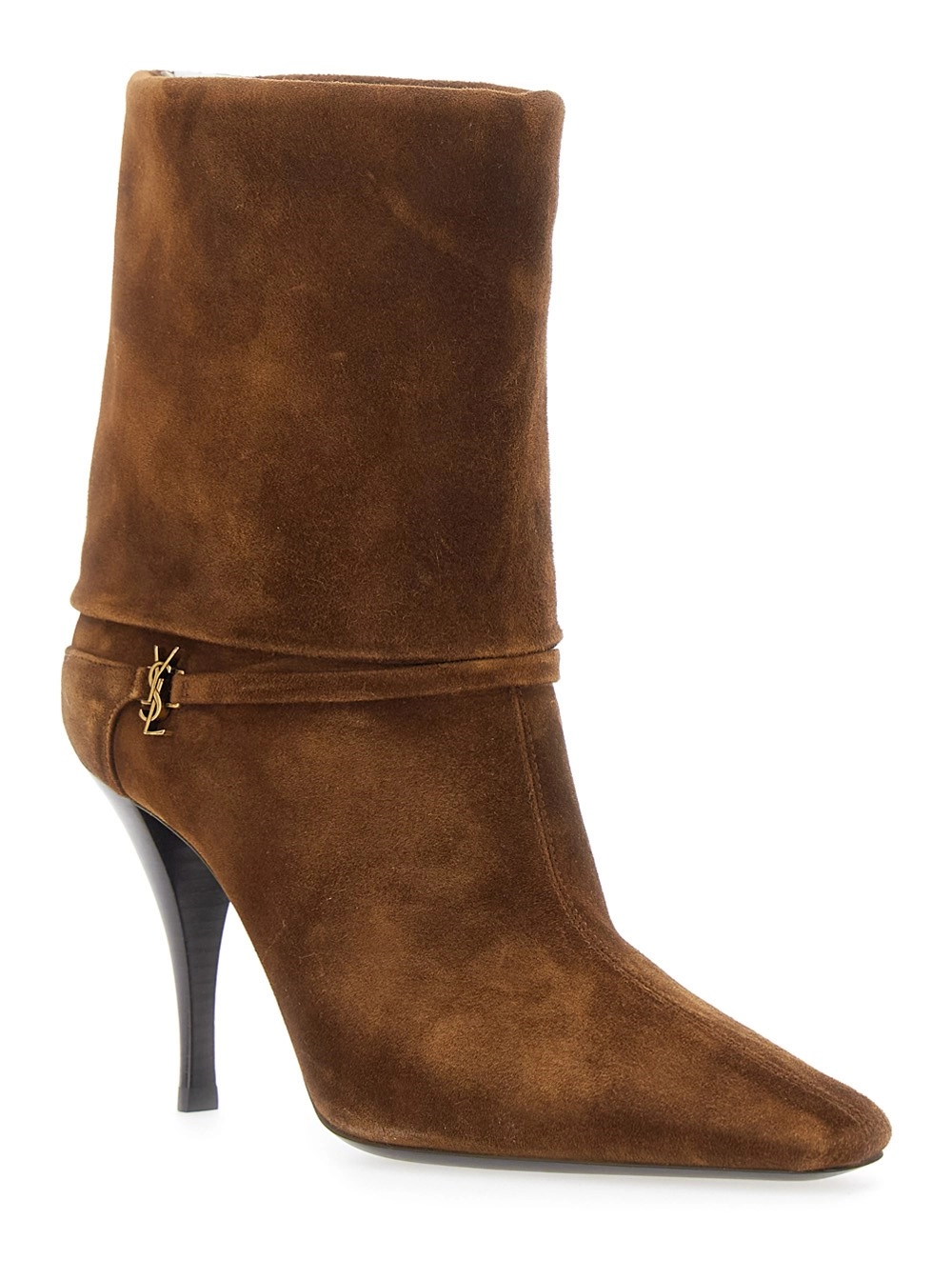 Saint Laurent Stivaletti 'Niki' con Cinturino alla Caviglia e Charm Cassandre in Pelle Scamosciata Marroni Donna, view 2