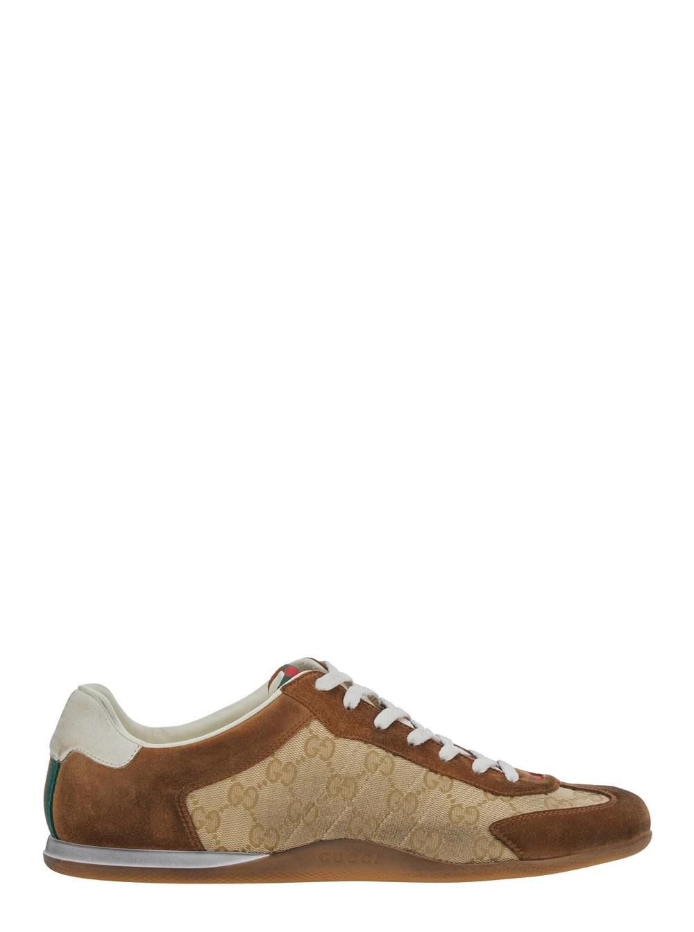 Gucci Sneaker Low Top con Dettaglio Web su Linguetta e Tallone in Tessuto GG e Pelle Scamosciata Beige Uomo