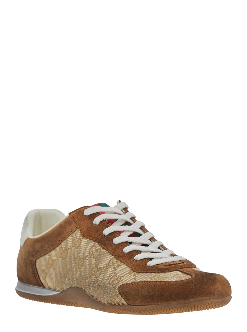 Gucci Sneaker Low Top con Dettaglio Web su Linguetta e Tallone in Tessuto GG e Pelle Scamosciata Beige Uomo, view 2
