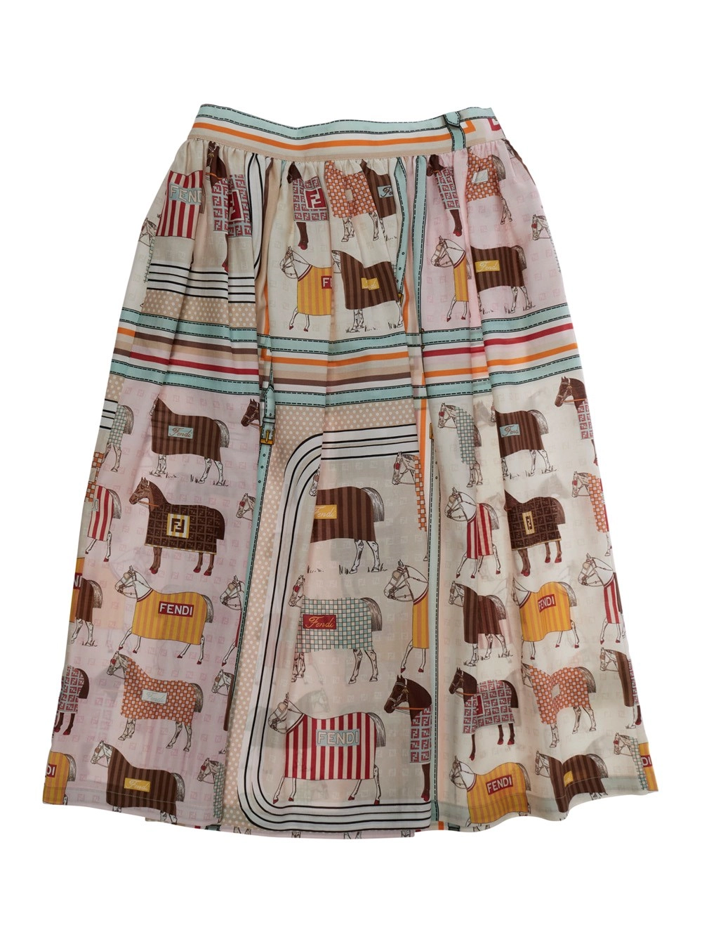 Fendi kids Gonna con Stampa Horse All-Over e Dettagli Logo Lettering in Misto Cotone e Seta Multicolor Bambina
