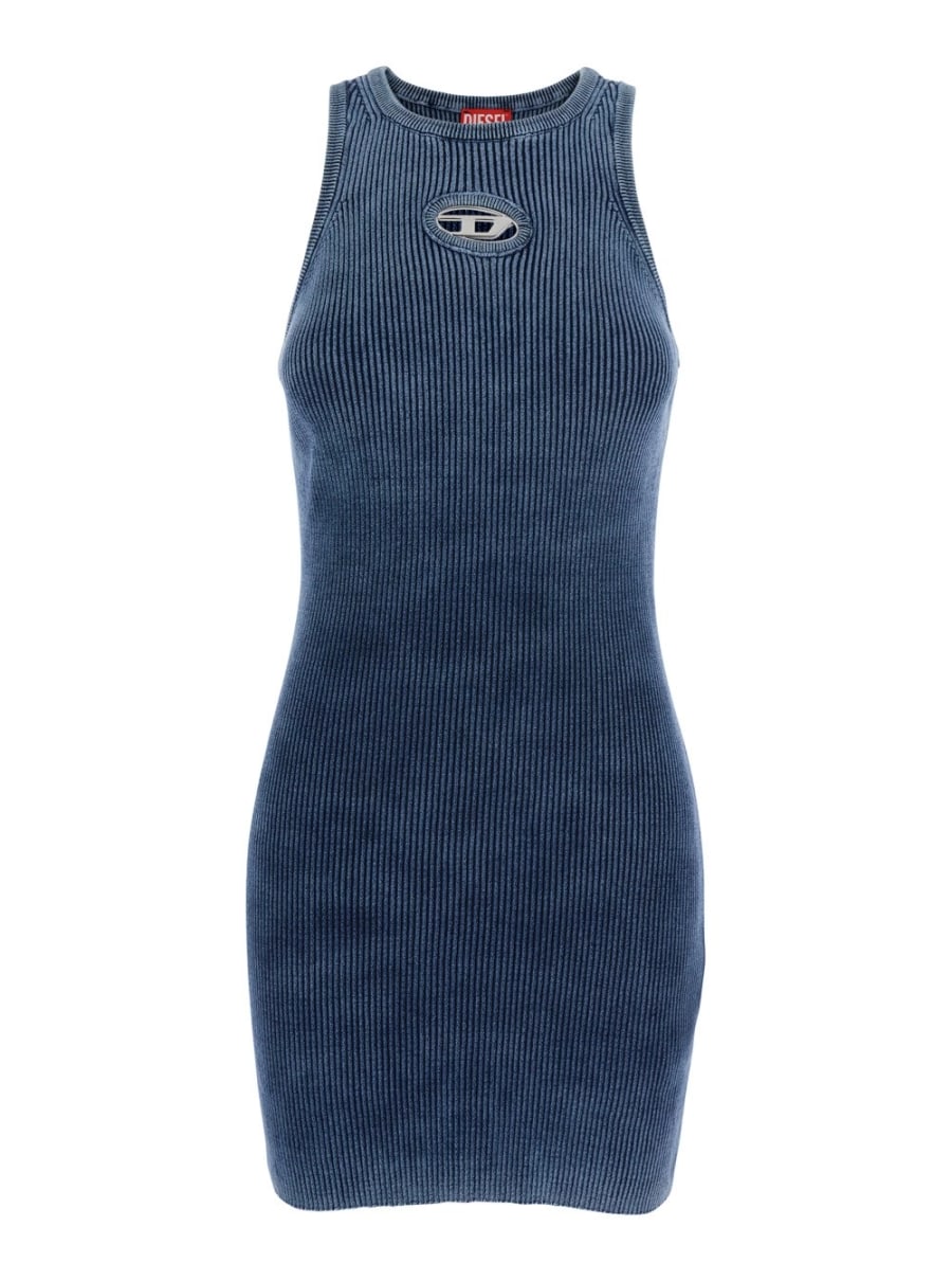 Diesel Abito Girocollo Smanicato con Cut-Out con Logo sul Fronte in Cotone a Coste Blu Donna