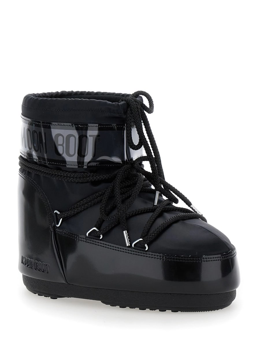 Moon boot Stivaletti da neve con maxi stampa logo sul lato e suola piatta in gomma neri donna, view 2