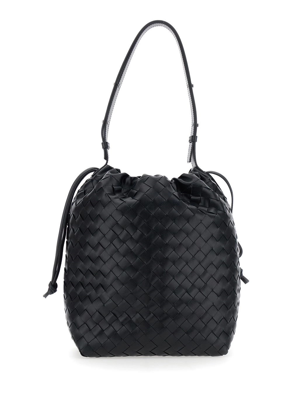 Bottega Veneta Borsa a Spalla con Chiusura a Coulisse e Motivo Intrecciato in Pelle Nera Uomo