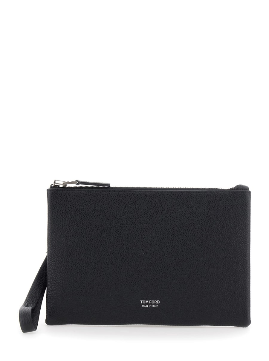 Tom Ford Clutch con cinturino da polso e logo lettering sul fronte in pelle nera uomo
