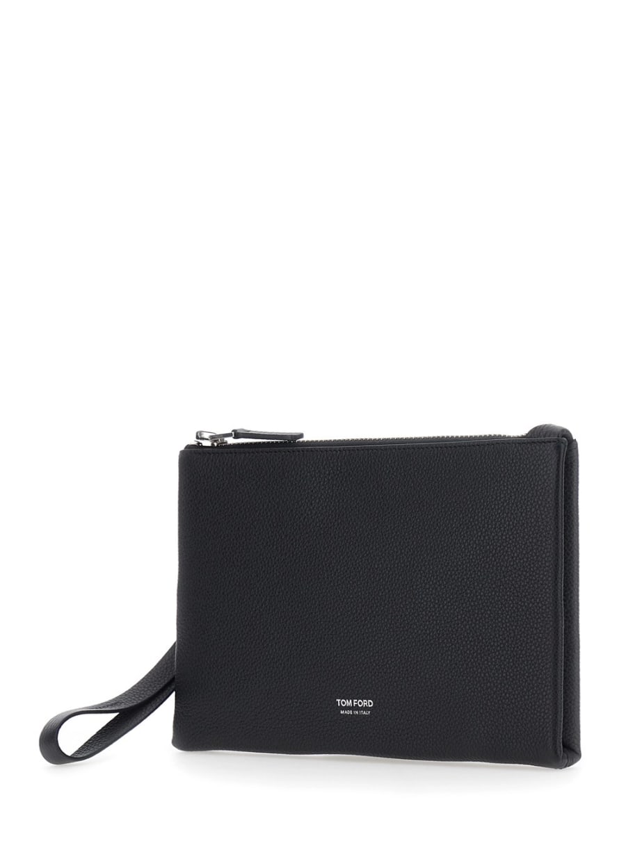 Tom Ford Clutch con cinturino da polso e logo lettering sul fronte in pelle nera uomo, view 2