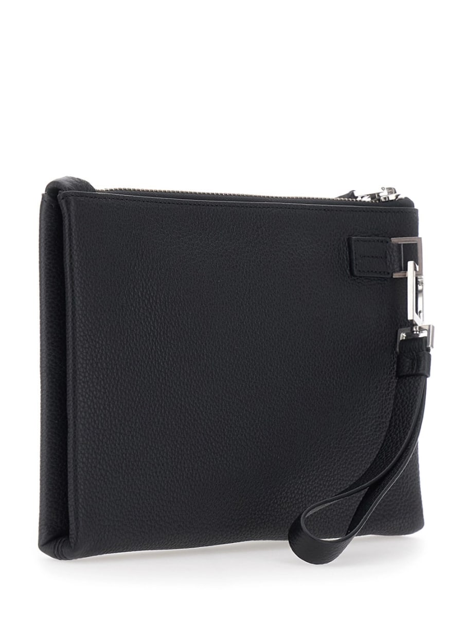 Tom Ford Clutch con cinturino da polso e logo lettering sul fronte in pelle nera uomo, view 3