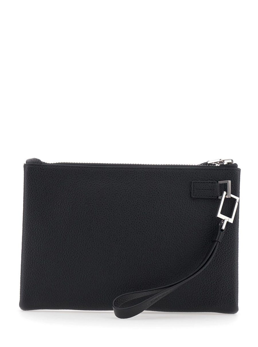Tom Ford Clutch con cinturino da polso e logo lettering sul fronte in pelle nera uomo, view 4