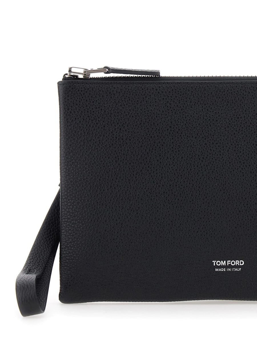 Tom Ford Clutch con cinturino da polso e logo lettering sul fronte in pelle nera uomo, view 5