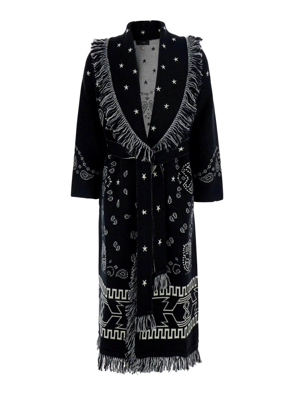 Alanui Abito con bordi sfrangiati e motivo bandana all-over in lana Nero Donna