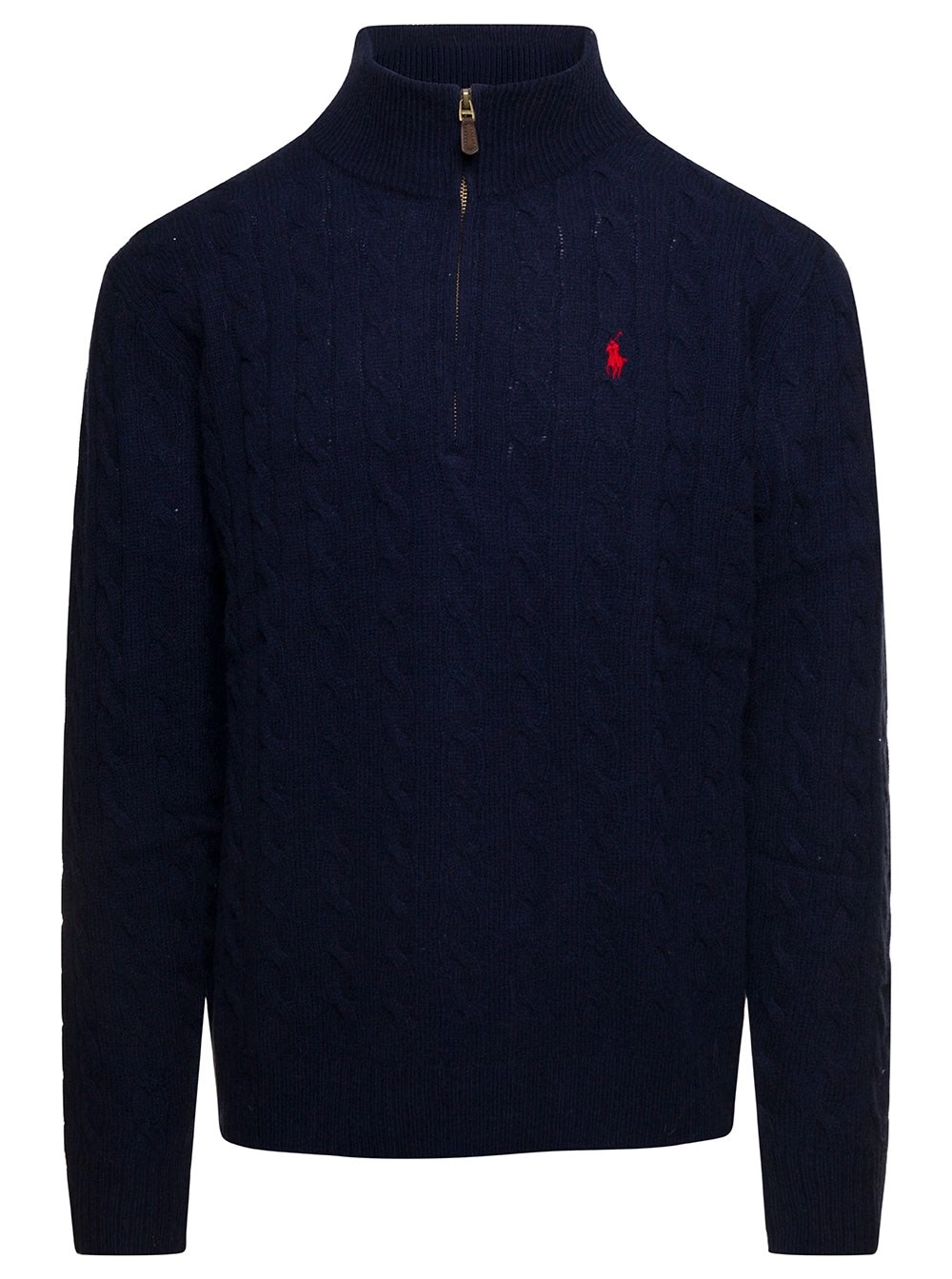 Polo Ralph Lauren Maglione a Trecce con Zip e Ricamo Cavallino in Lana e Cashmere Blu Uomo