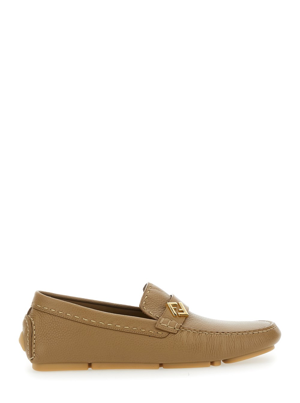Fendi Mocassini 'Driver' con Suola con Iniezioni in Gomma e Placca FF Metallica in Pelle Martellata Beige Uomo