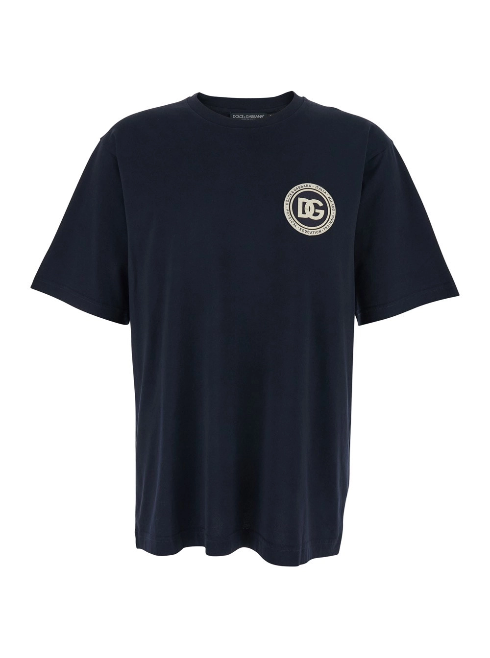 Dolce & Gabbana T-Shirt con Ricamo Logo sul Fronte in Cotone Blu Uomo