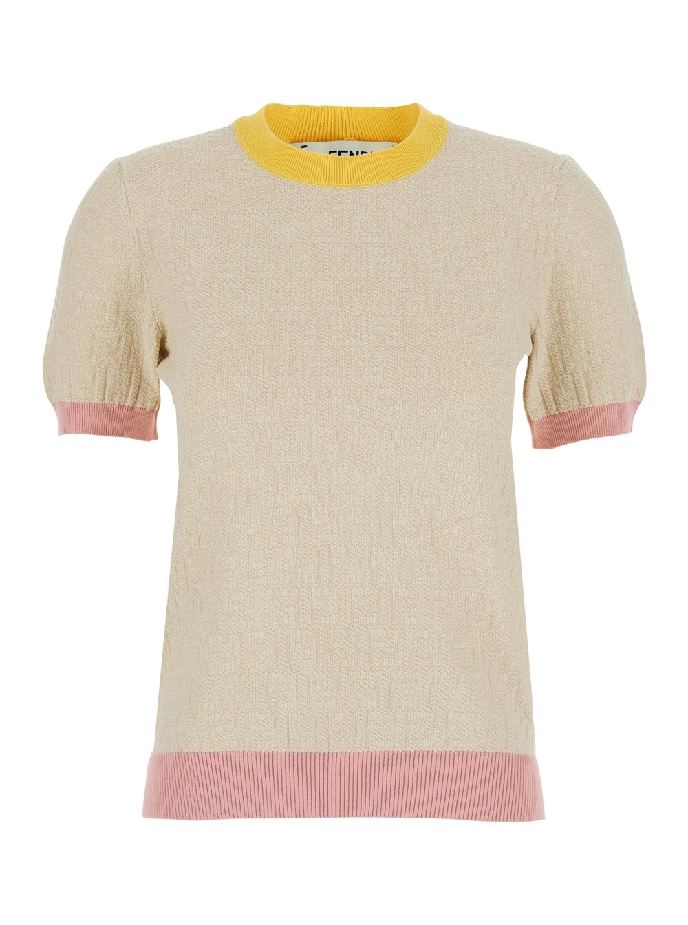 Fendi T-shirt Girocollo con Motivo FF All-Over in Cotone Beige Donna