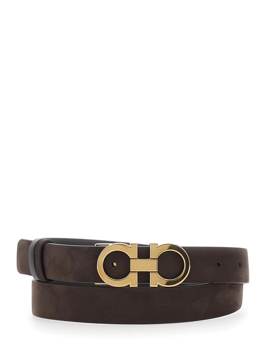 Ferragamo Cintura con Fibbia Gancini sul Fronte in Suede Marrone Scura Donna