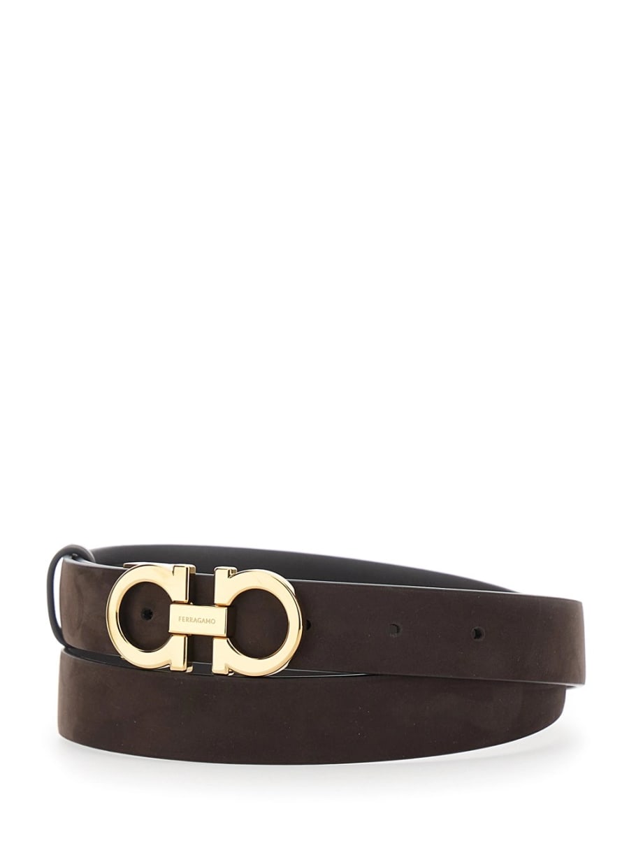 Ferragamo Cintura con Fibbia Gancini sul Fronte in Suede Marrone Scura Donna, view 2